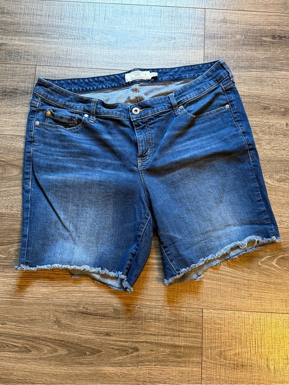 torrid Mid-Rise Dark Blue Frayed Hem Denim Bermuda Shorts
